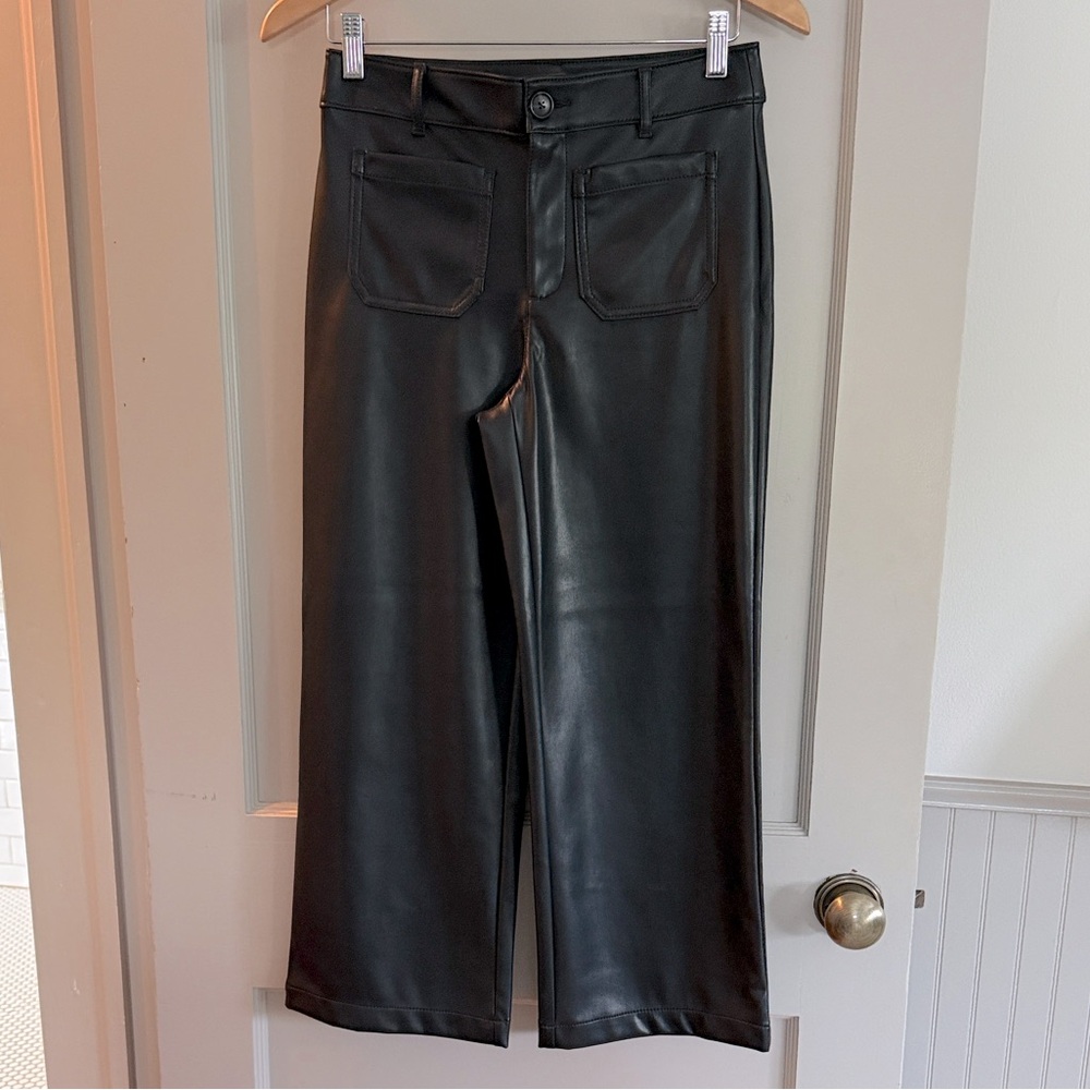 LOFT Black Faux Leather Wide Leg Cropped Pants